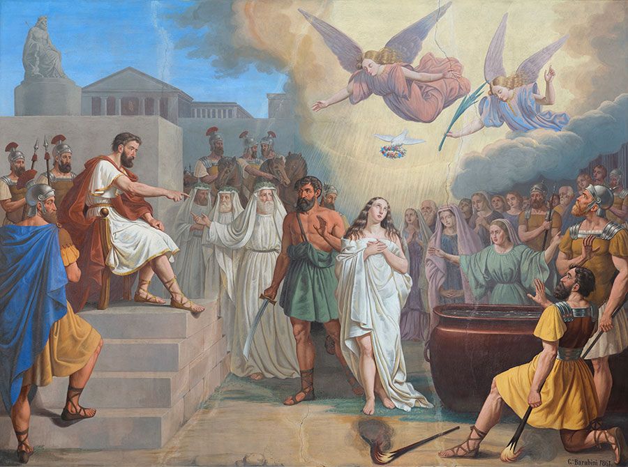 Margherita alla presentdsa del proconsole romano: nel cielo appare una colomba con una corona