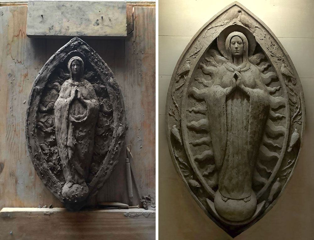 Il bozzetto in argilla e la Virgen de la Paz a grandezza naturale.